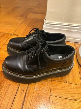 Dr. Martens Black Leather Lace-Up Platform Oxfords with Yellow Stitching